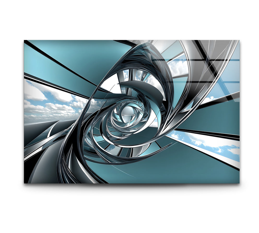 Aero Spiral Gateway – Futuristic Chrome Tunnel Glass Wall Art