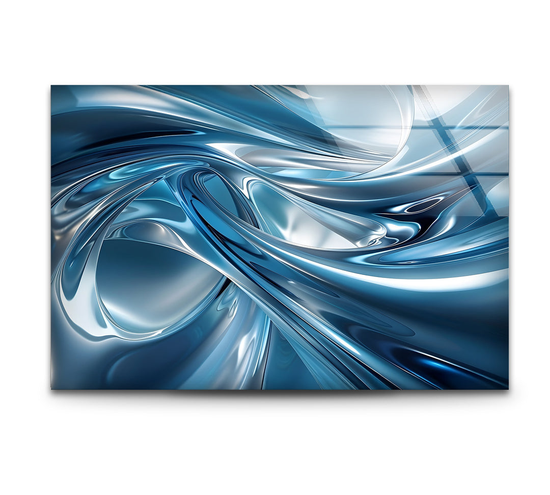 Azure Liquid Motion – Abstract Chrome Blue Glass Wall Art