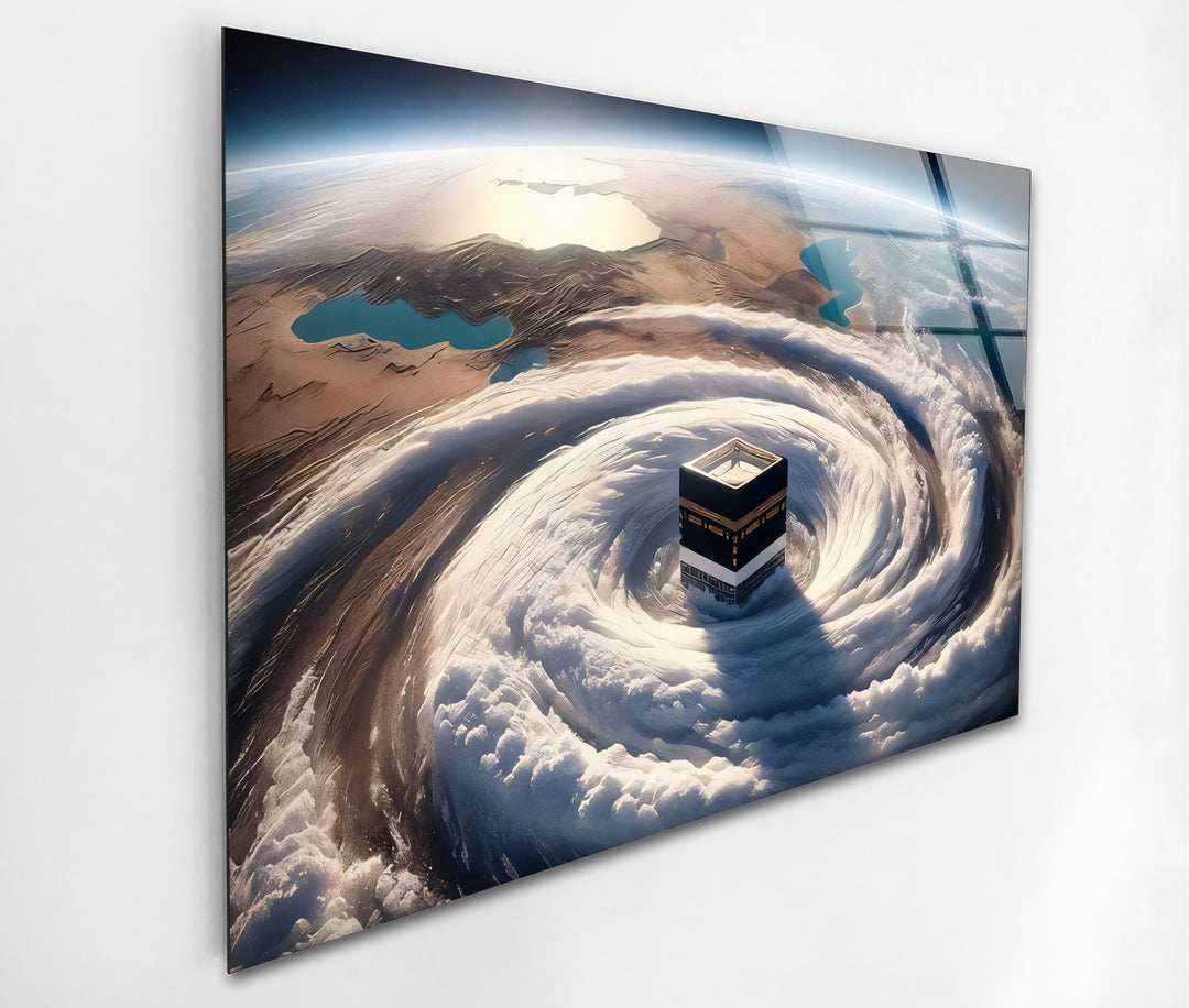 Divine Orbit – Kaaba Surrounded by Celestial Clouds Glass Wall Art