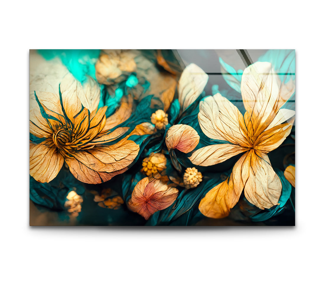 Golden Petal Bloom – Artistic Floral Fantasy Glass Wall Art