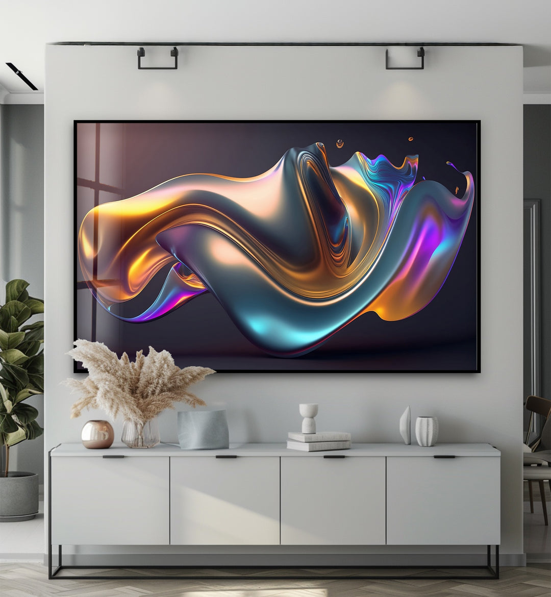 Prismatic Flow Mirage – Iridescent Chrome Wave Glass Wall Art