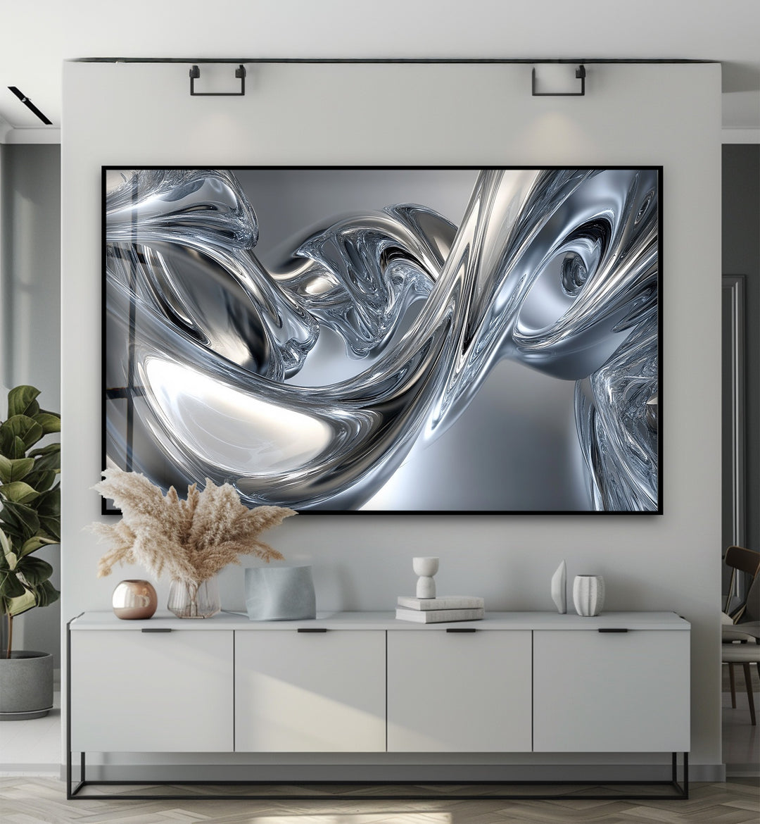 Silver Liquid Contours – Abstract Chrome Flow Glass Wall Art