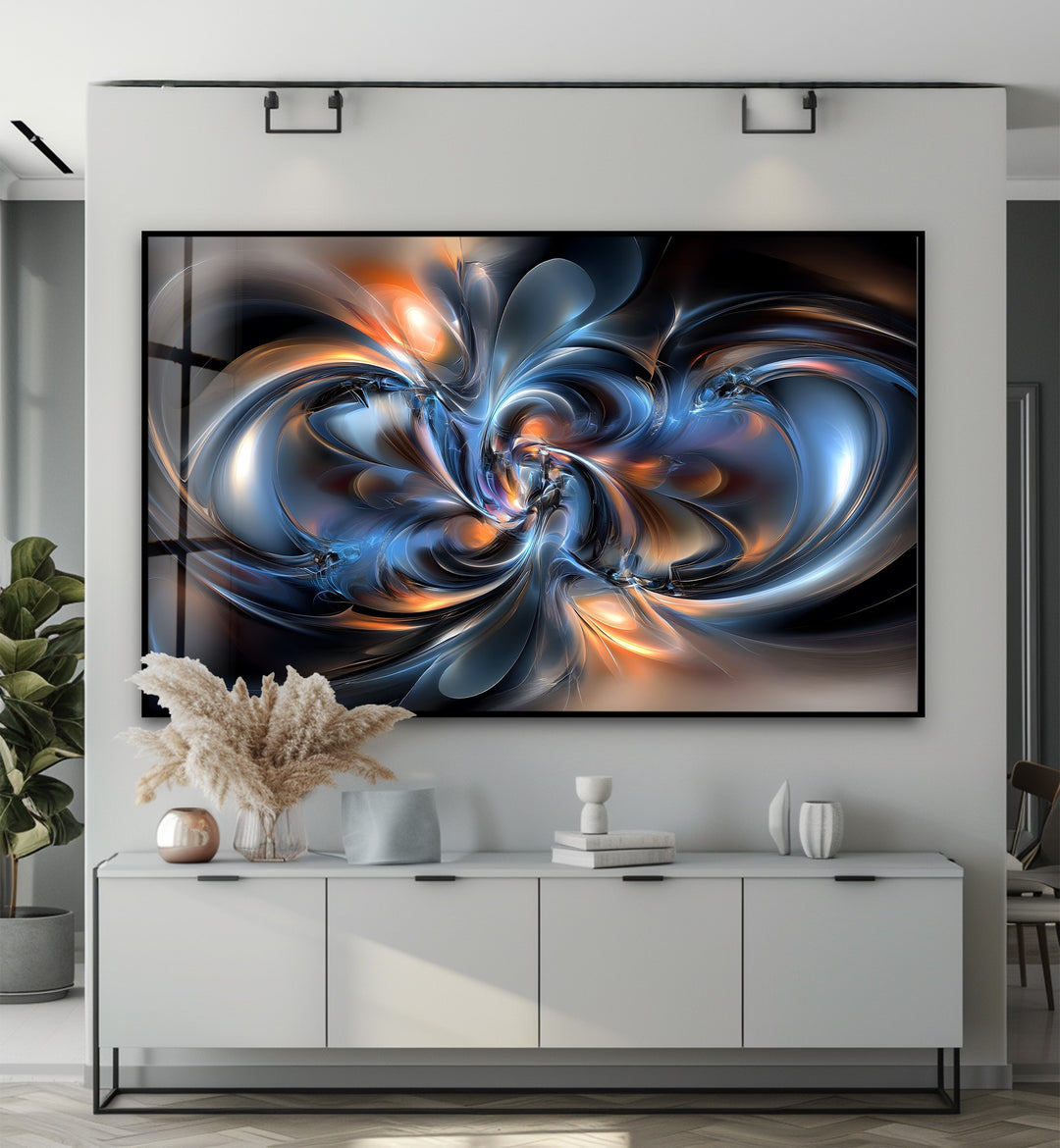 Cosmic Helix Radiance – Abstract Blue & Ember Swirl Glass Wall Art