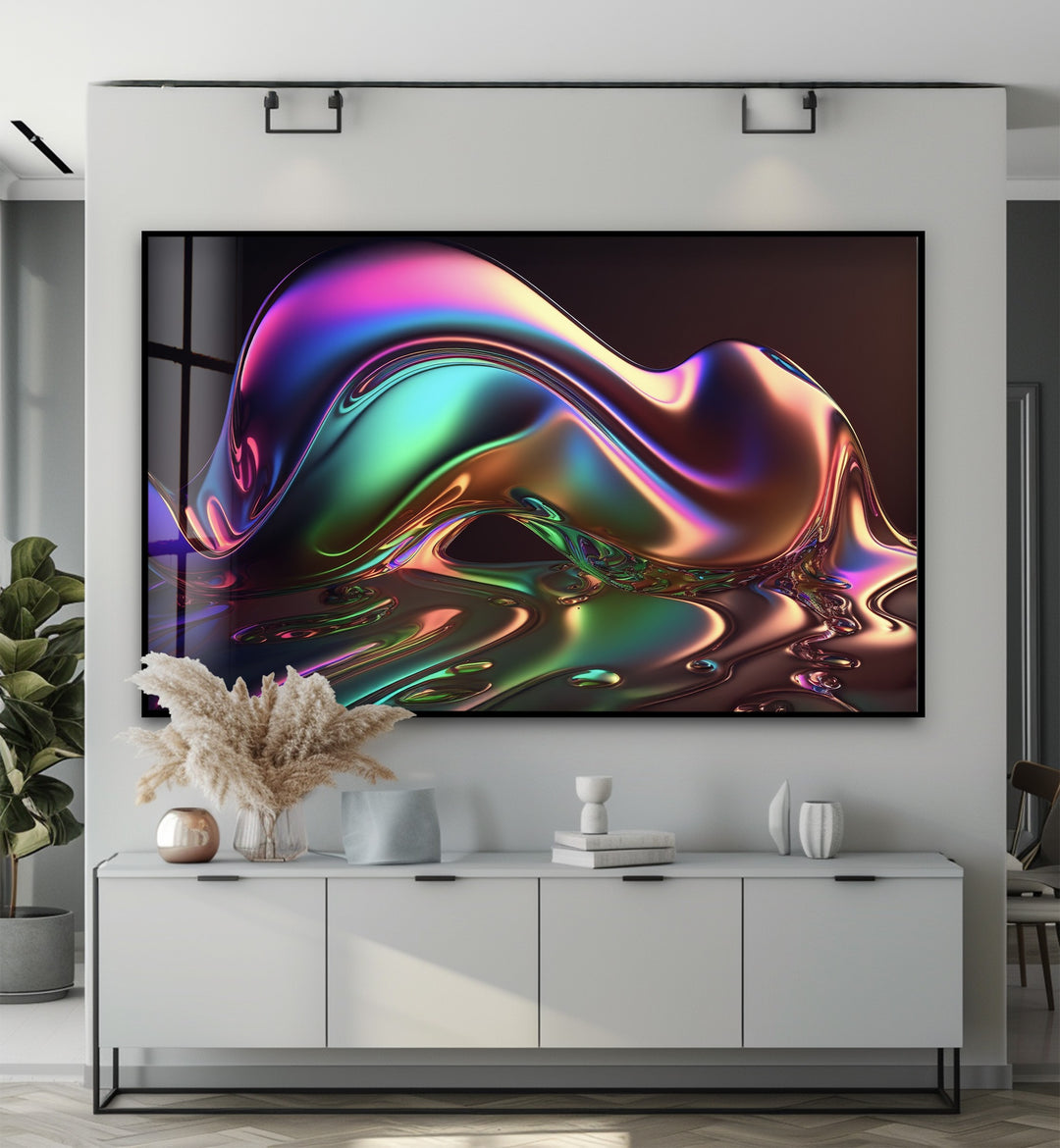Neon Mirage Crest – Iridescent Chrome Wave Glass Wall Art
