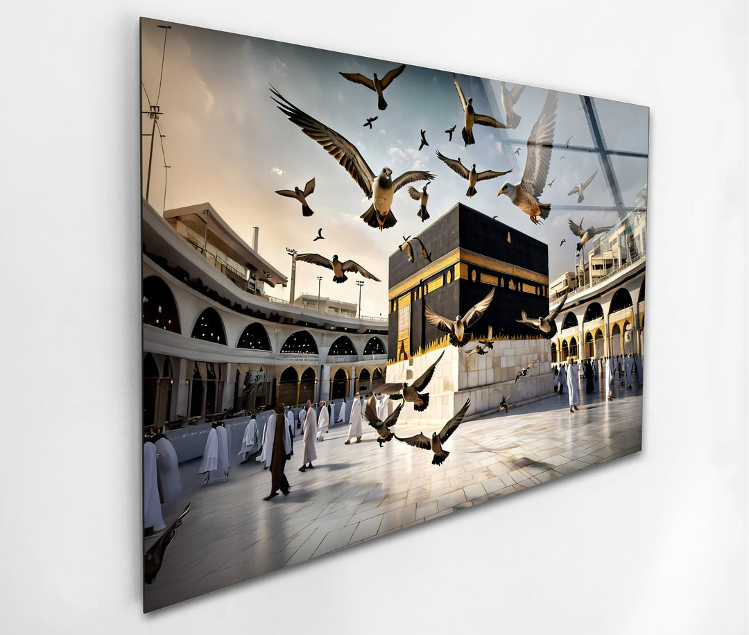 Peaceful Flight – Kaaba with Doves Glass Wall Art