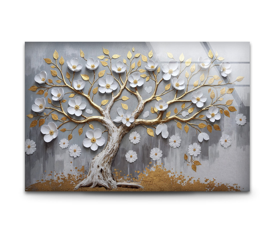 Golden Blossom Tree – Elegant Floral Relief Glass Wall Art