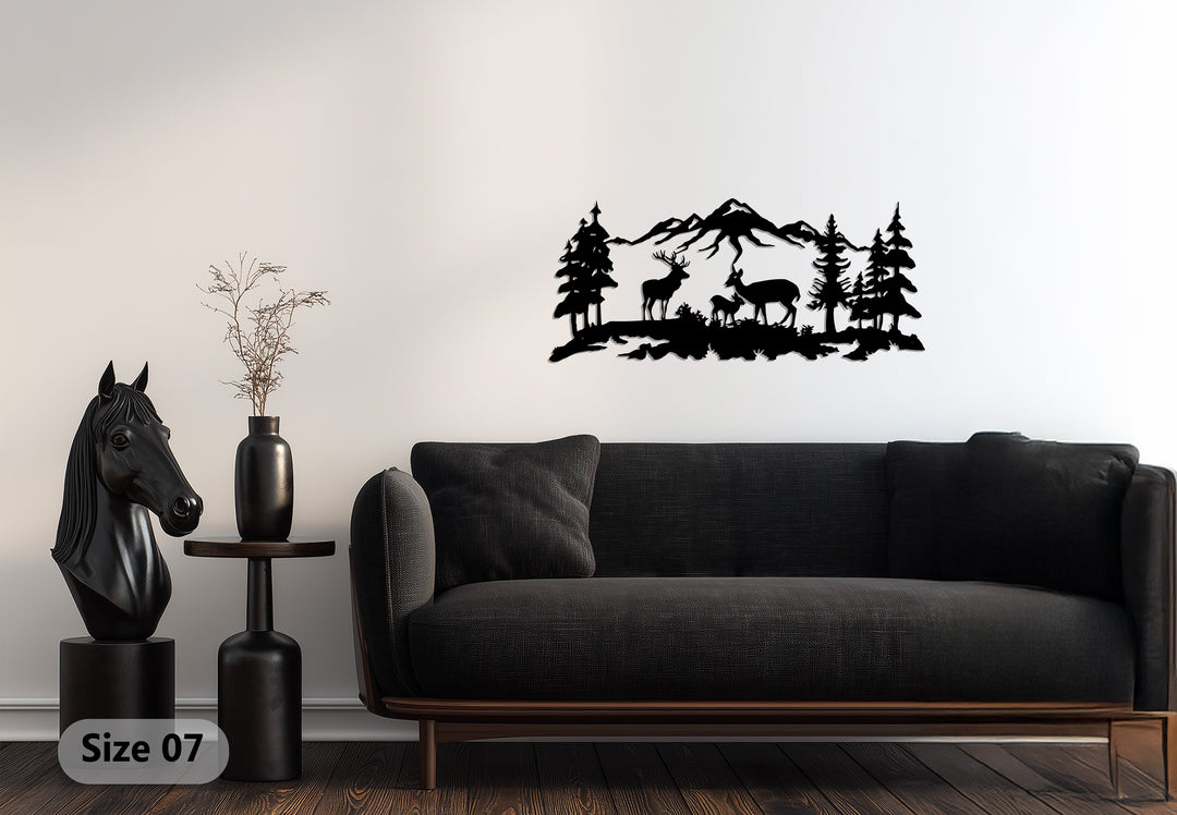 Deer Family Mountain Scene Metal Wall Art – Rustic Nature Decor