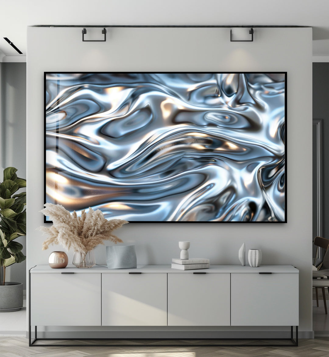 Molten Silver Drift – Abstract Metallic Fluid Glass Wall Art