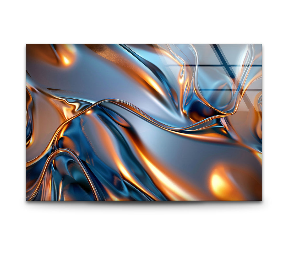 Aurora Metal Flux – Abstract Blue & Copper Chrome Glass Wall Art
