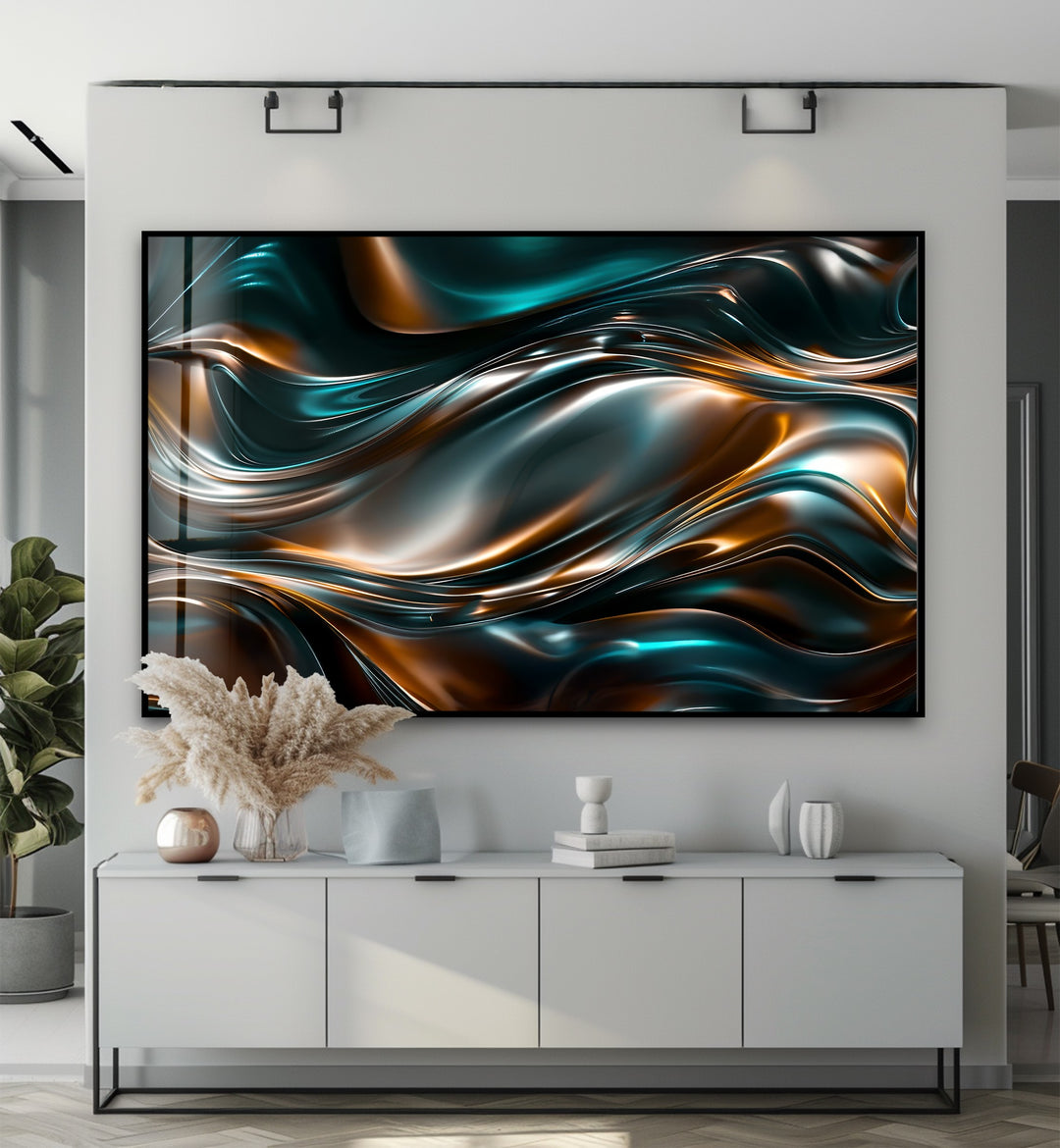 Obsidian Copper Drift – Abstract Metallic Wave Glass Wall Art