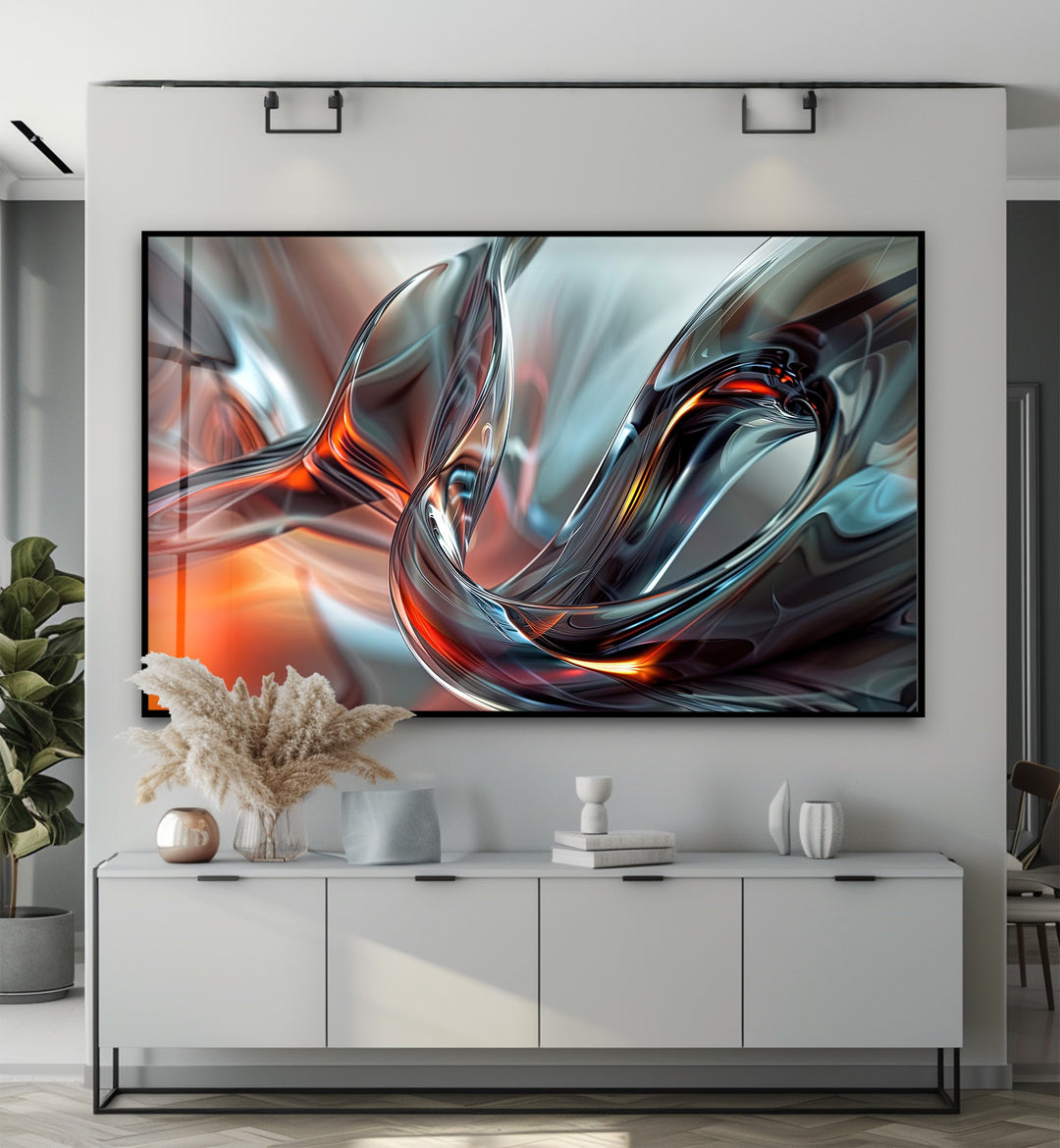 Emberwave Crystal Motion – Abstract Chrome & Fire Glass Wall Art