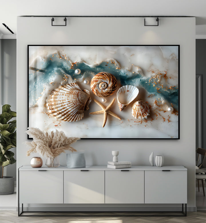 Coastal Treasures – Seashell & Ocean Pearl Glass Wall Art