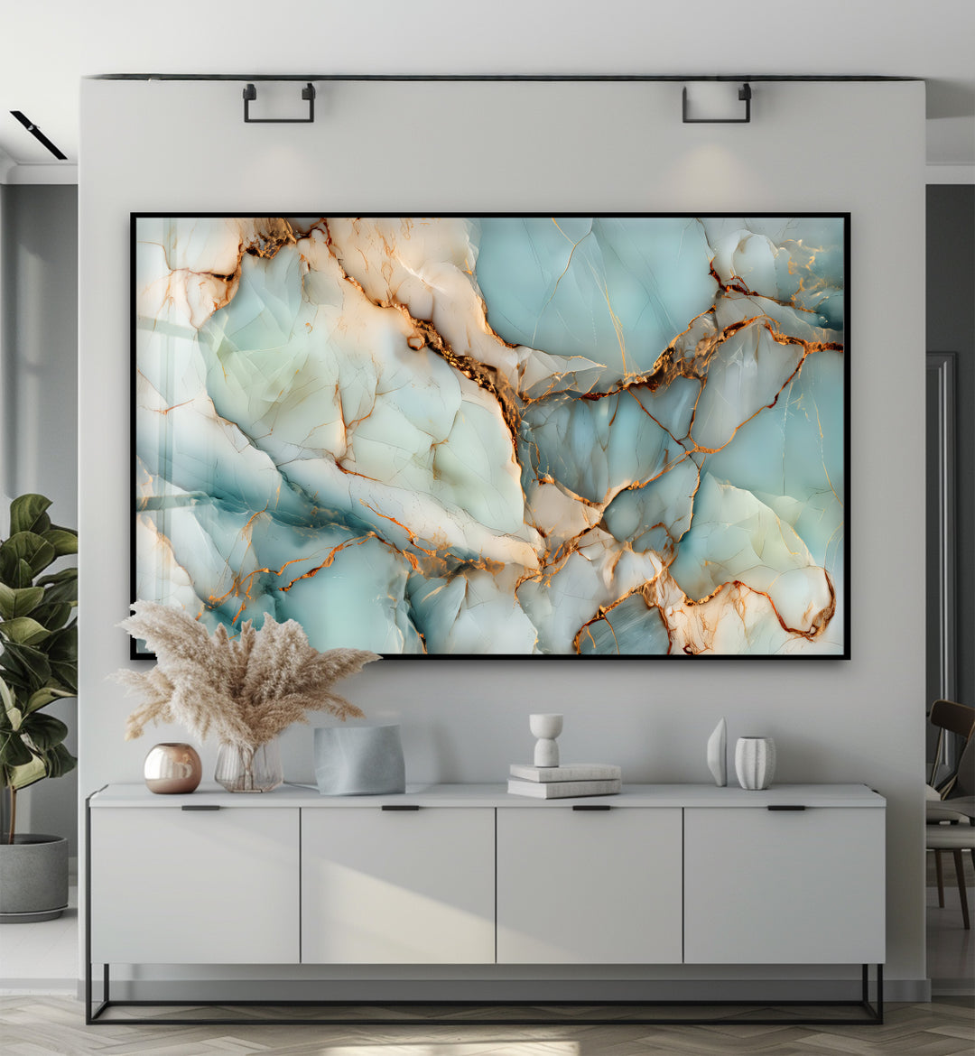 Crystalline Veins – Aqua Marble Glass Wall Art