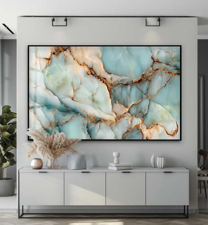 Crystalline Veins – Aqua Marble Glass Wall Art