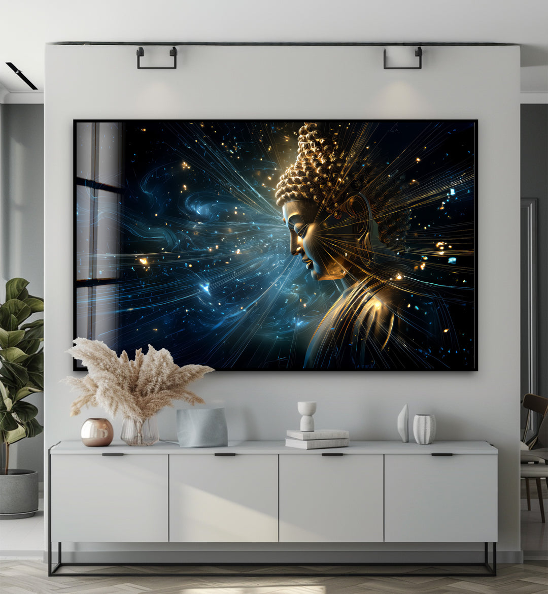 Cosmic Enlightenment – Radiant Buddha Glass Wall Art