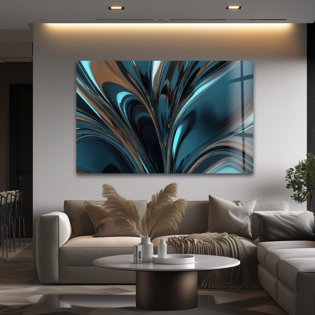 Midnight Aqua Surge – Abstract Teal Chrome Glass Wall Art