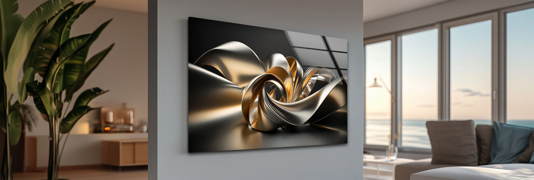 Golden Helix Flow – Abstract Metallic Ribbon Glass Wall Art