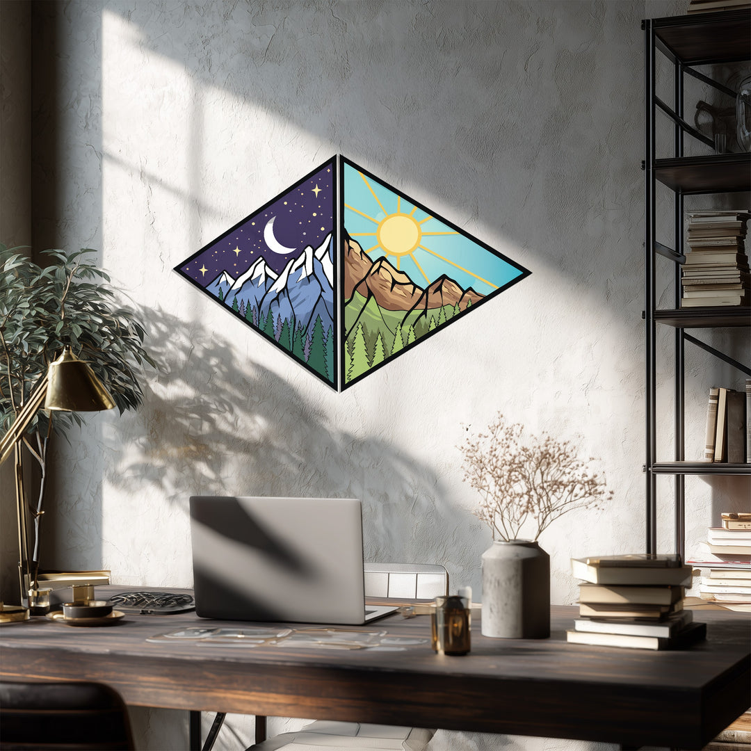 Day and Night Mountain Metal Wall Art – Dual Nature Landscape Design