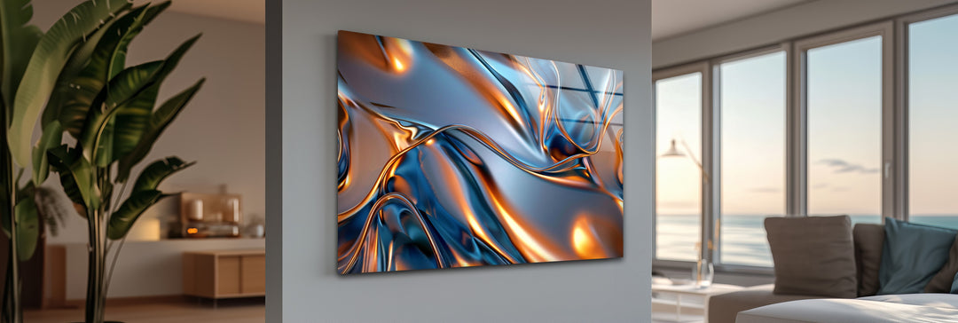 Aurora Metal Flux – Abstract Blue & Copper Chrome Glass Wall Art