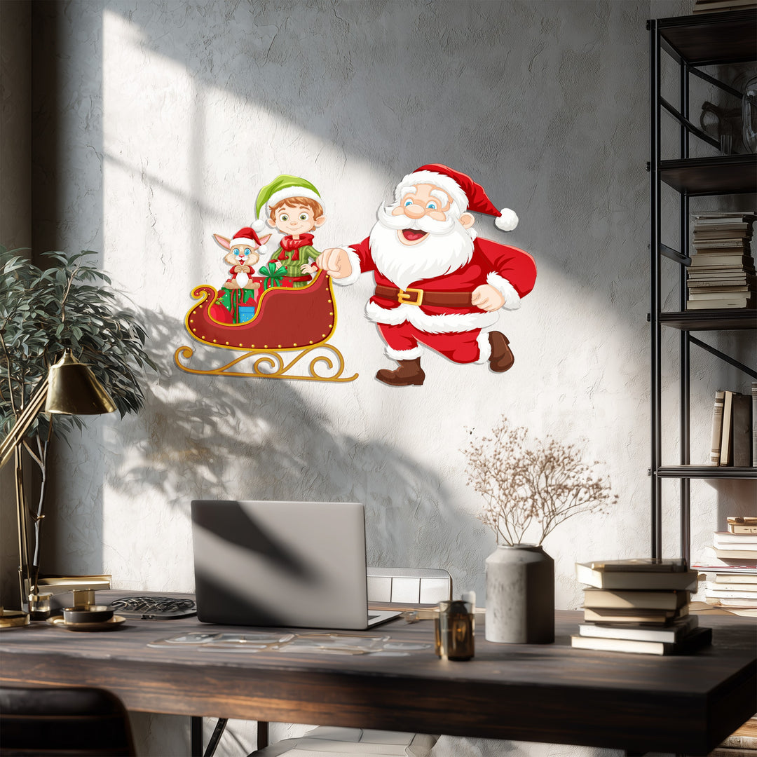 سانتا وجولة الزلاجة مع الجان - لوحة جدارية لعيد الميلاد