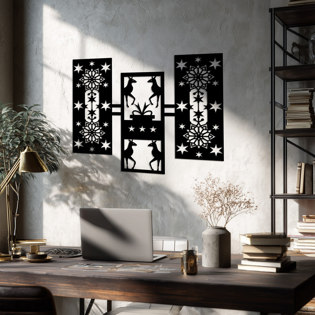 تناغم غزلان الشتاء – أشكال هندسية لعيد الميلاد فن جداري معدني