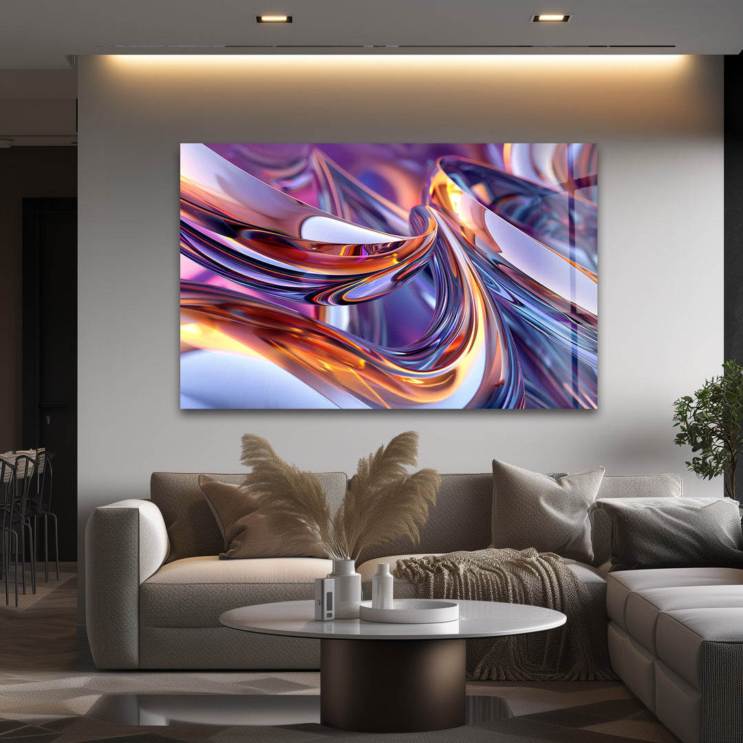Prismatic Ribbon Fusion – Abstract Chrome Swirl Glass Wall Art