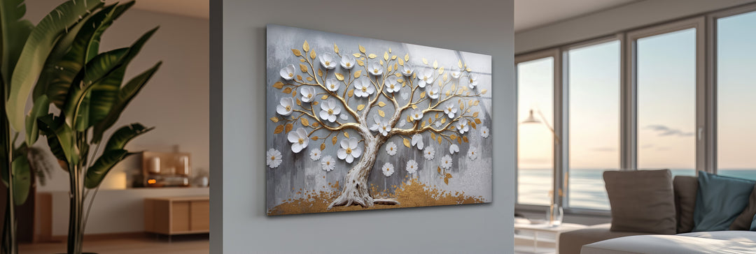 Golden Blossom Tree – Elegant Floral Relief Glass Wall Art