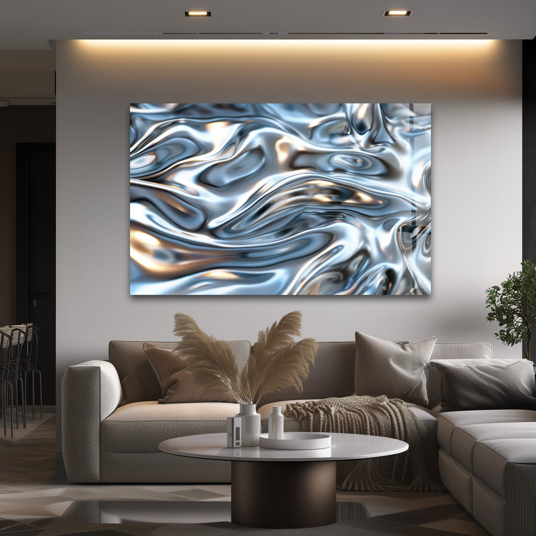 Molten Silver Drift – Abstract Metallic Fluid Glass Wall Art