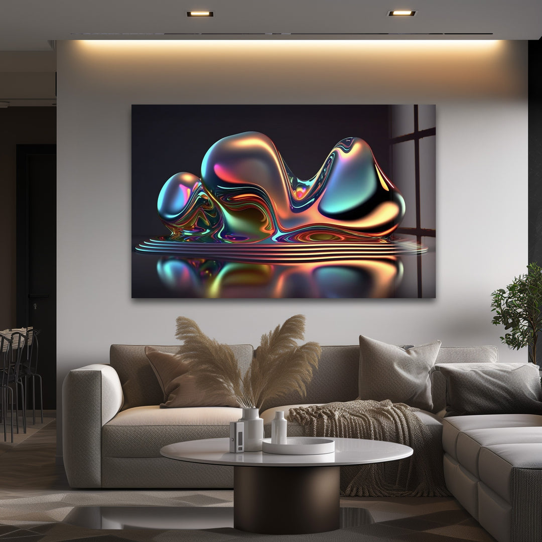 Liquid Prism Sculpture – Iridescent Chrome Form Glass Wall Art