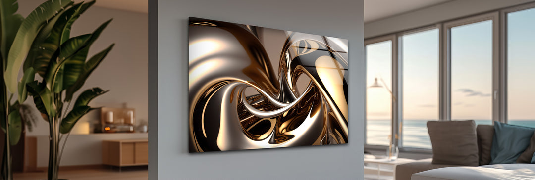 Molten Bronze Mirage – Abstract Metallic Swirl Glass Wall Art