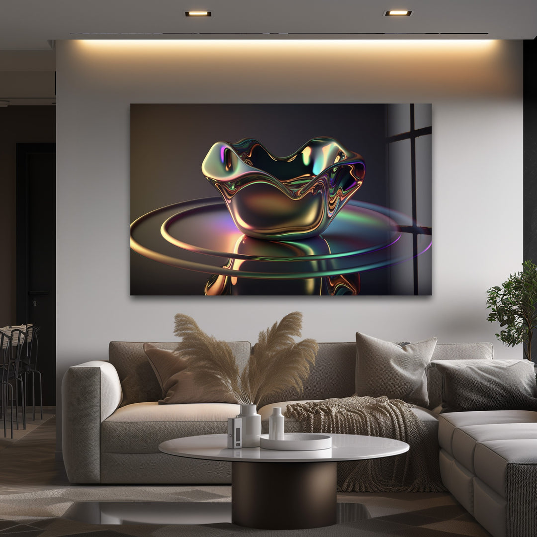 Iridescent Sculpted Bloom – Futuristic Chrome Bowl Glass Wall Art