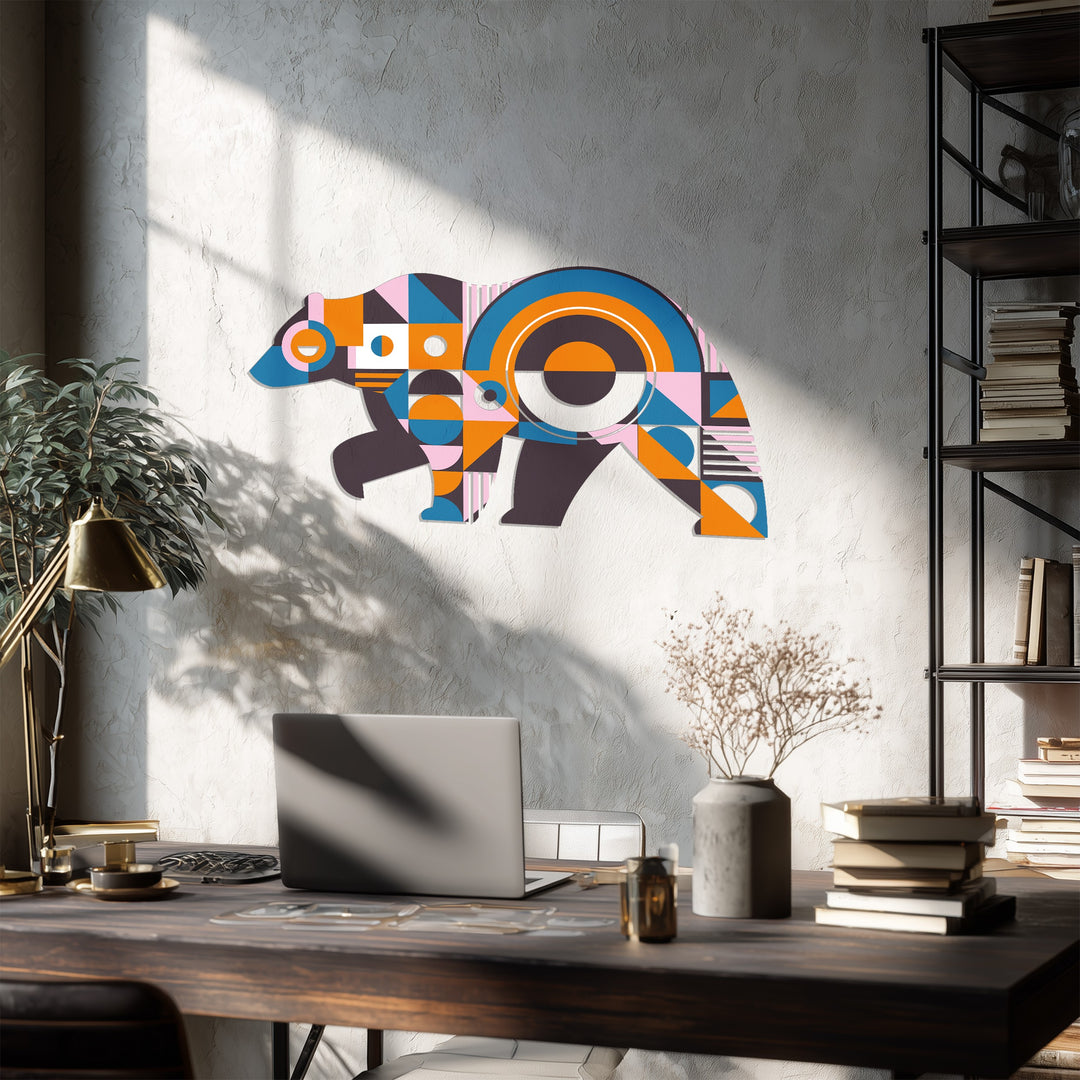 Geometric Bear Metal Wall Art – Colorful Modern Animal Home Decor