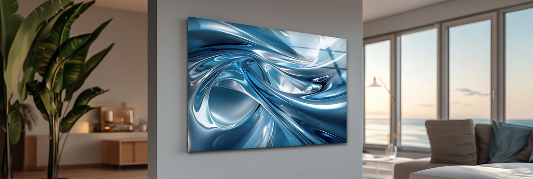 Azure Liquid Motion – Abstract Chrome Blue Glass Wall Art