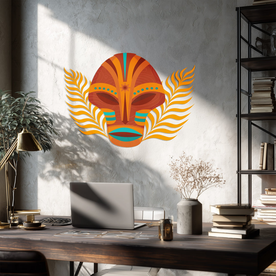 Ethnic metal wall art – orange and teal tribal mask wall decor