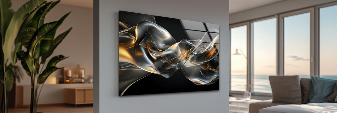 Midnight Ember Drift – Abstract Smoke Gold Glass Wall Art