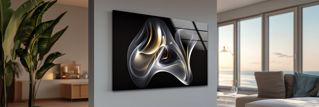Ethereal Ember Veil – Abstract Smoke Gold Glass Wall Art