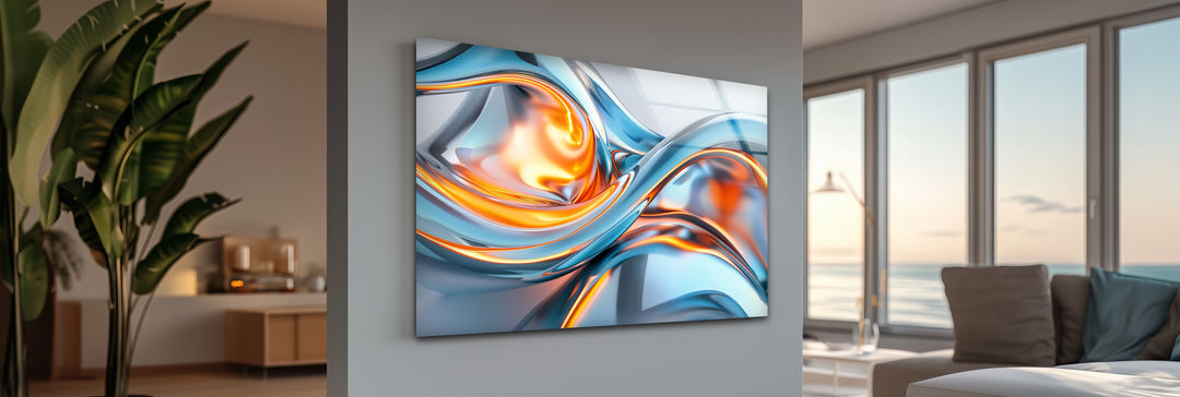 Solar Frost Fusion – Abstract Blue & Orange Chrome Glass Wall Art