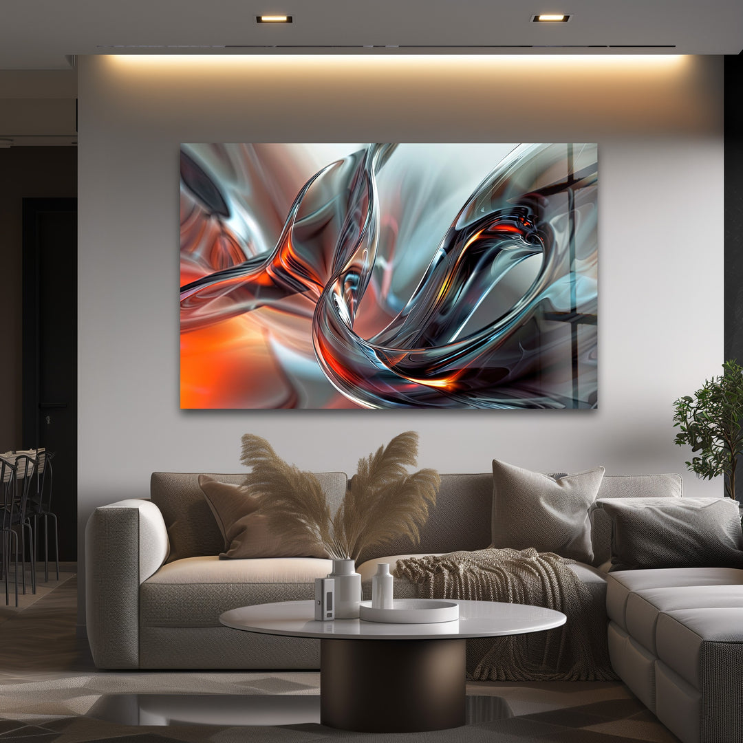 Emberwave Crystal Motion – Abstract Chrome & Fire Glass Wall Art