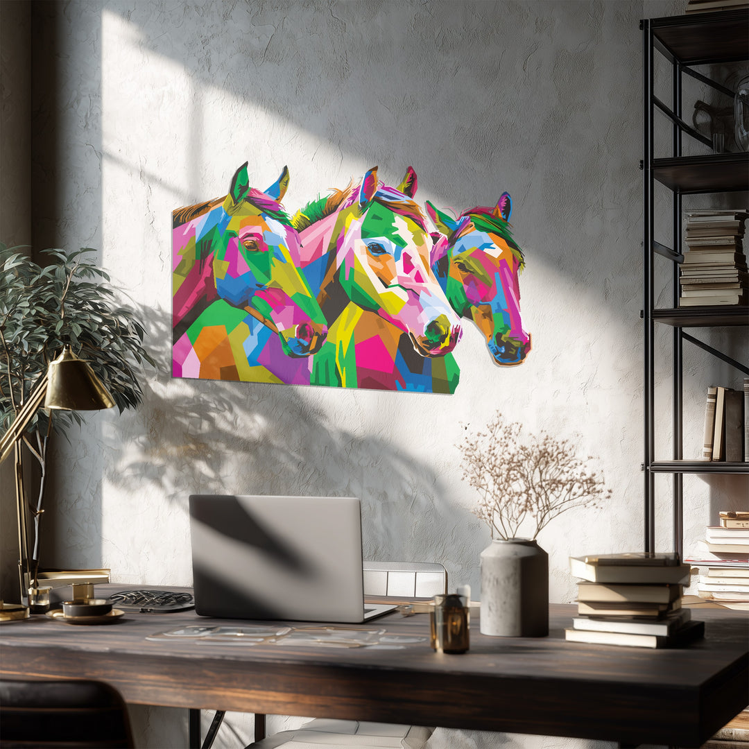 Trio of Horses Metal Wall Art – Vibrant Abstract Animal Wall Decor