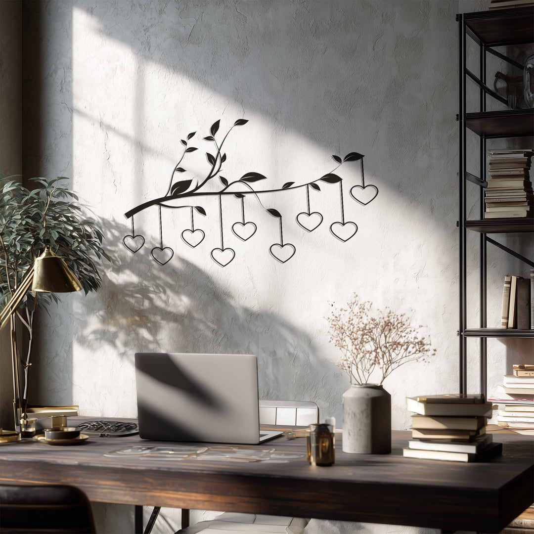 Hanging Hearts on Branch – Romantic Metal Wall Art
