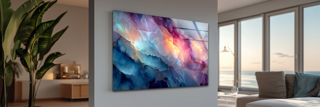 Organic forms of the abstract marble glass wall art feature flowing blue and pink veins, making stunning unique modern wall decor.