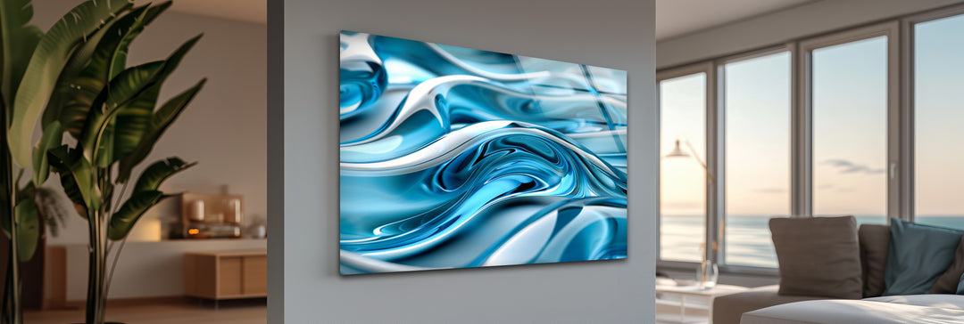 Arctic Wave Flow – Abstract Blue Chrome Fluid Glass Wall Art