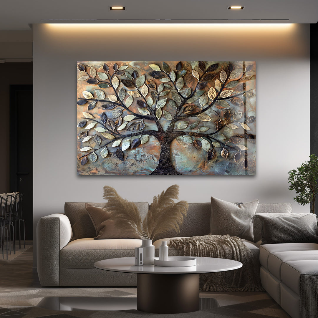 Verdant Bronze Tree – Textured Nature-Inspired Glass Wall Art