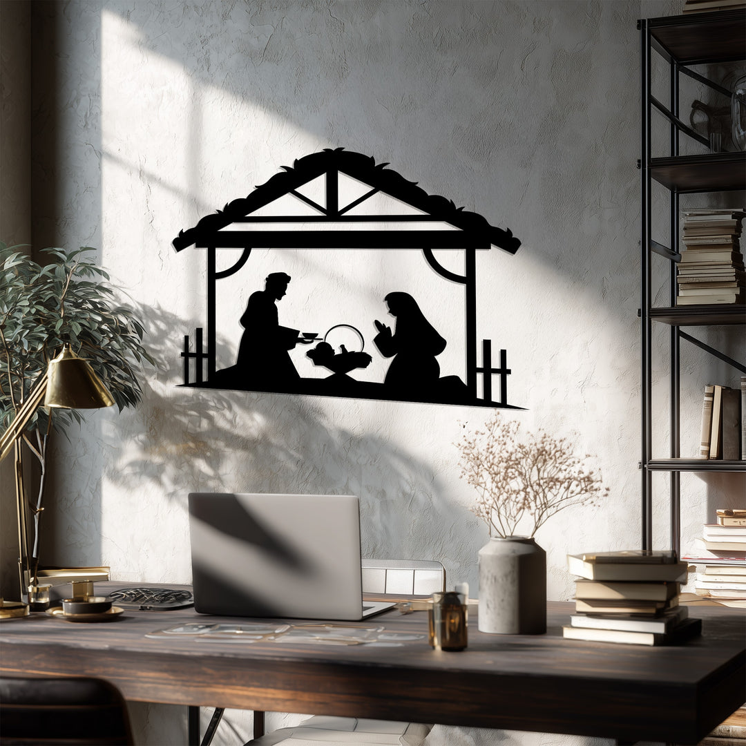 العائلة المقدسة في الإسطبل – مشهد ميلاد المسيح فن جداري معدني