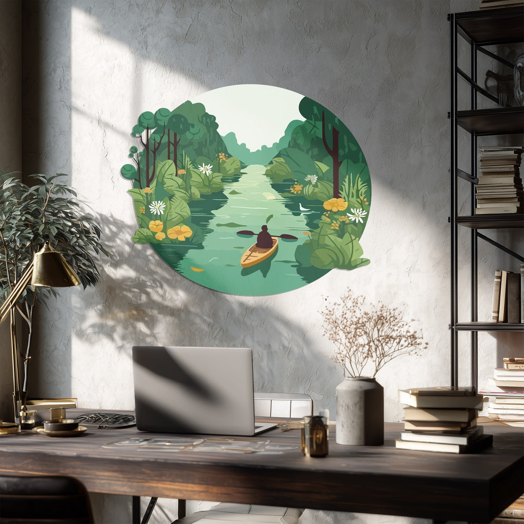 Tranquil Journey – Kayaker in Green Forest River Metal Wall Art
