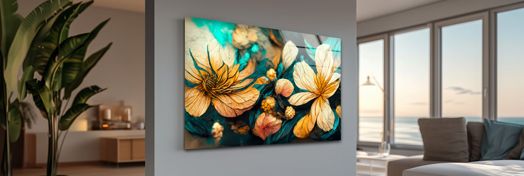 Golden Petal Bloom – Artistic Floral Fantasy Glass Wall Art