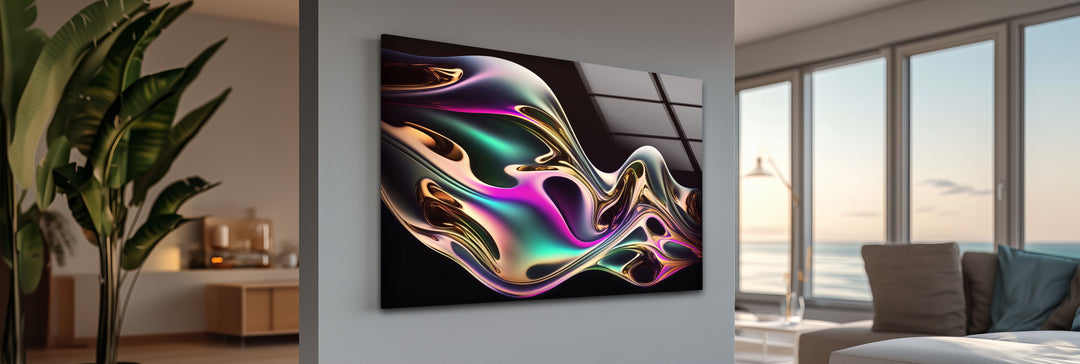 Neon Mirage Flow – Iridescent Metallic Wave Glass Wall Art