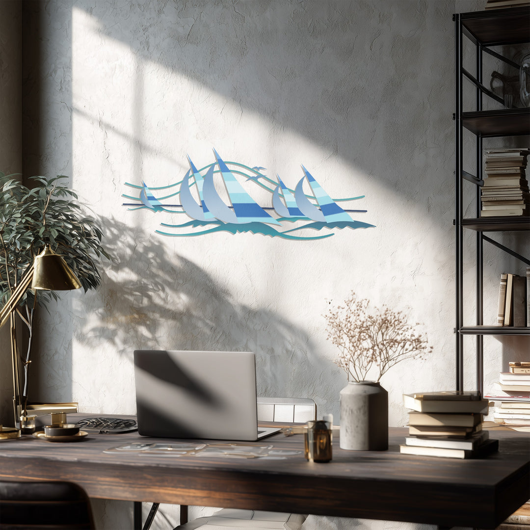 Sailing Harmony Metal Wall Art – Modern Blue Nautical Decor