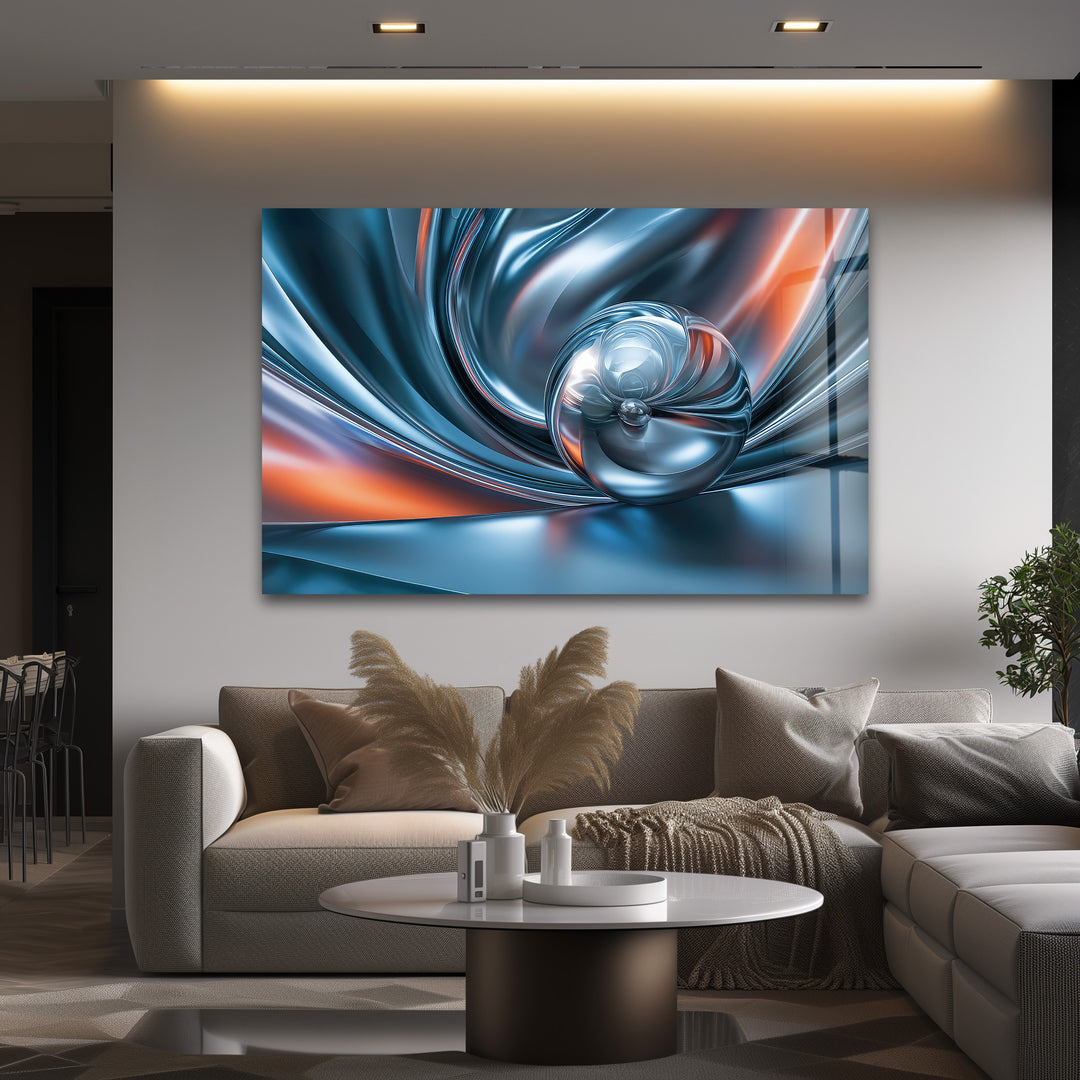 Chromatic Sphere Drift – Abstract Blue Silver Orb Glass Wall Art