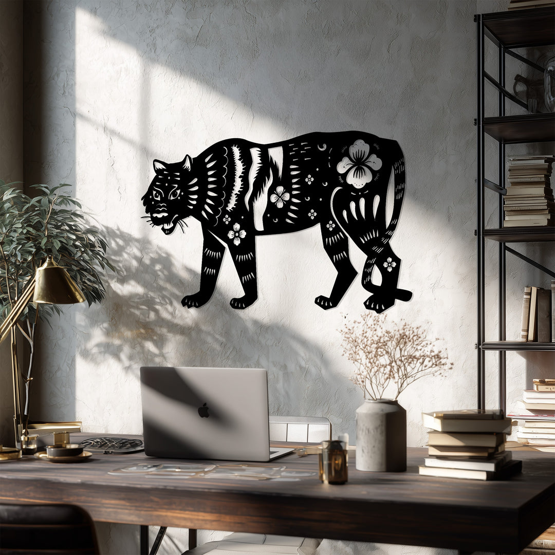 Floral Tiger Metal Wall Art – Animal Silhouette Decor